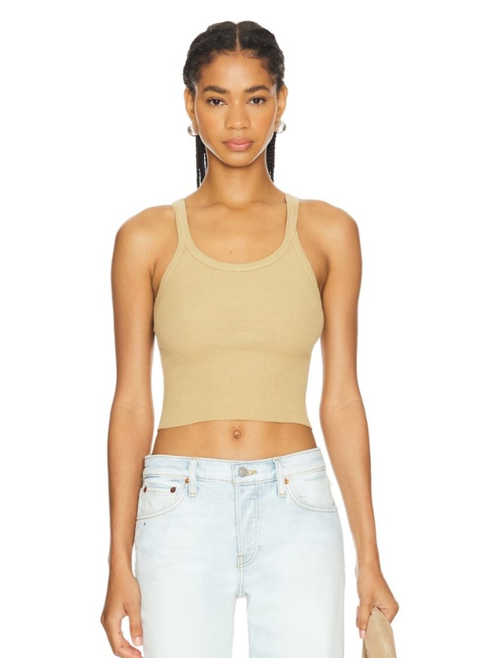 Re/Done x Hanes Cropped Ribbed Cotton Tank Top Sand Beige Sz S
